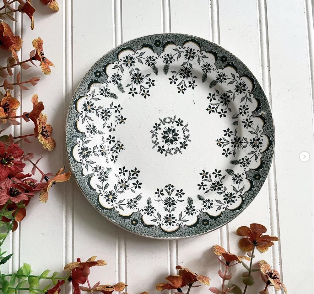 Antique Utzschneider German Green Floral Transferware Dessert Salad Plate